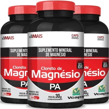 Kit Suplemento Mineral de Magnésio CháMais Cloreto de Magnésio 500mg - 120 Cápsulas - 3 Unidades