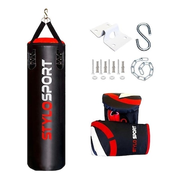 Kit de Luta Stylo Sports: 1 Saco de Pancada - 120cm + Luvas de Treino Bate Saco + 1 Suporte