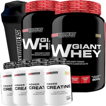 Kit Bodybuilders Giant Whey - Baunilha - 900g - 2 unidades + Power Creatina - 100g - 4 unidades + Coqueteleira