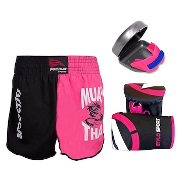 Kit de Muay Thai Progne: Shorts Muay Thai + Luvas de Treino Bate Saco + Protetor Bucal - Feminino