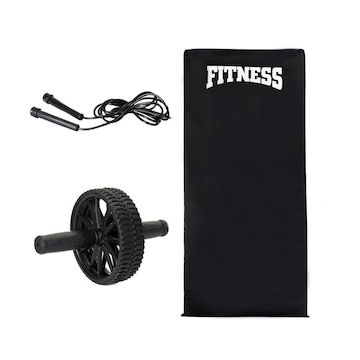 Kit Roda Abdominal + Colchonete + Corda Fitness