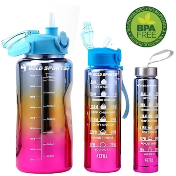 Kit 3 Garrafas Squeeze Plástica Gold Sports Degrade Adesivos Bpa-Free 2 Lts, 800ml e 280ml