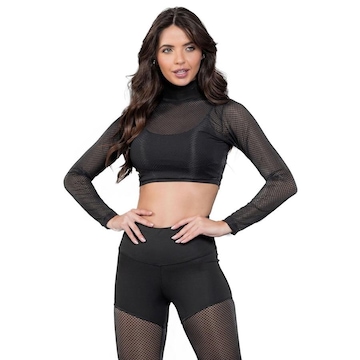 Blusa Cropped Manalinda Manga Longa Mesh - Feminina