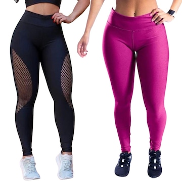 Kit Belmento: Calça Legging Arrastão + Calça Legging Básica Academia - Feminina