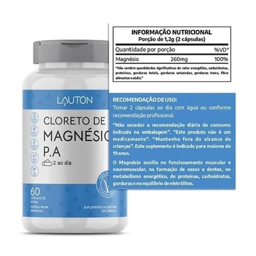 Cloreto de Magnésio Lauton P.A 100% Vegano 260Mg - 60 Capsulas