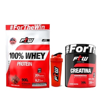 Kit Whey Protein FTW 100% Refil 900g - Chocolate com Coqueteleira + Creatina 300g