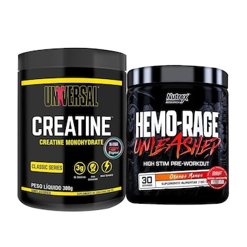 Kit Pré-Treino Hemo-Rage Unleashed 180G - Nutrex Research + Creatina 300G -  Universal Nutrition