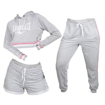 Kit Blusão de Moletinho Cropped + Short + Calça Everlast - Feminino