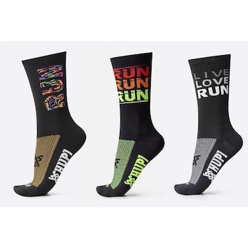 Kit de Meias Cano Médio Hupi Estampas Run com 3 Pares - Adulto