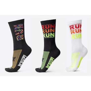 Kit de Meias Cano Médio Hupi Run Estampas com 3 Pares - Adulto