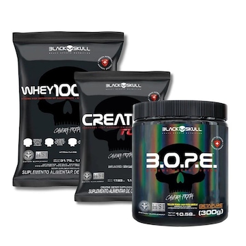 Kit Whey Protein 100% Hd Refil Baunilha 900G Black Skull Creatine Turbo 500G Bope 300G Black Skull