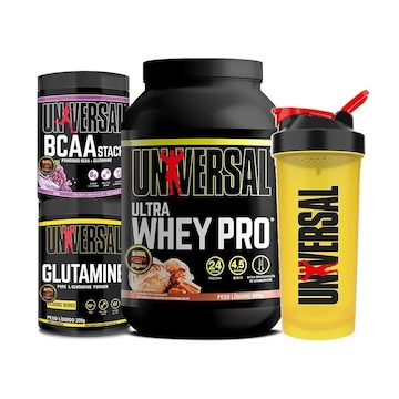 Kit Ultra Whey Pro 900G + Glutamina + Bcaa Stack 300G + Coqueteleira - Universal