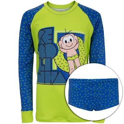 Conjunto Camiseta Manga Longa Proteção Solar UV e Sunga Turma da Mônica Cebolinha Boia - Infantil - Foto 1