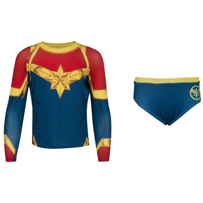 Conjunto Camiseta Manga Longa com Proteção Solar UV e Calcinha Capitã Marvel Feminino - Infantil - Foto 1