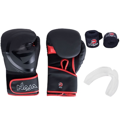 Kit de Boxe Naja: Bandagem + Protetor Bucal + Luvas de Boxe Black - 16 OZ - Adulto - Foto 1