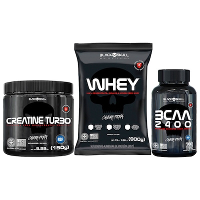 Kit Black Skull Whey Protein 100% Isolado Baunilha 900g + Creatina Turbo 150g + BCAA 2400 120g - Foto 1