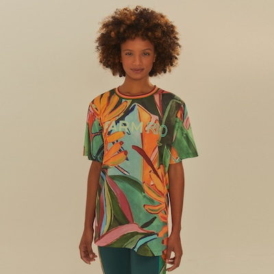 Camiseta Feminina Farm Manga Curta Tela Folhagem de Banana - Foto 1