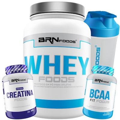 Kit Whey Protein BRN Foods Chocolate - 900g + BCAA 100g + Creatina 100g + Coqueteleira - Foto 1