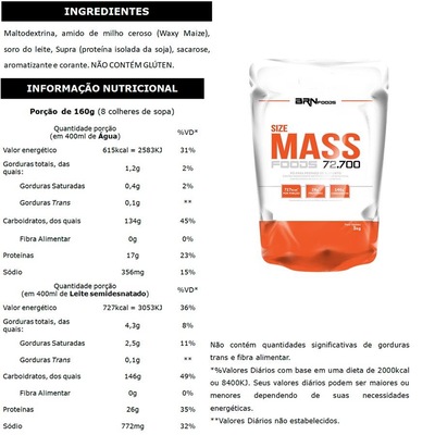 Kit Size Mass BRN Foods - 3Kg + Whey Protein - Morango - 900g + Creatina - 100g + Coqueteleira - Foto 2