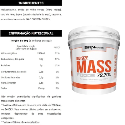 Kit Hipercalórico Big Size Mass 6kg Chocolate + BCAA 100g + Creatina 100g + Coqueteleira - BRN Foods - Foto 2