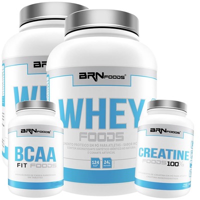 Kit 2x Whey Protein BRN Foods Chocolate - 900g + BCAA 100g + Creatina 100g - Foto 1