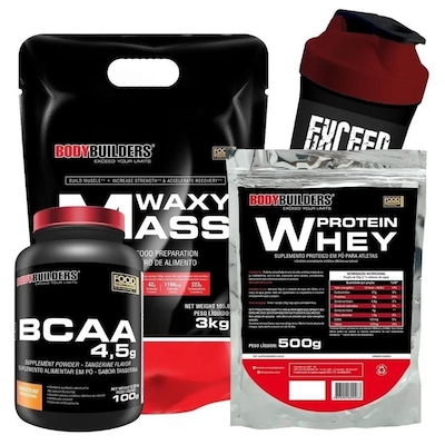 Kit Waxy Mass Bodybuilders - Morango - 3kg + Whey Protein - Morango - 500g  + BCAA + Coqueteleira - Foto 1
