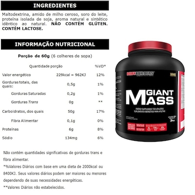 Hipercalórico BodyBuilders Giant Mass - Baunilha - 3kg - Foto 2