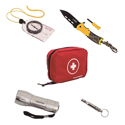 Kit de Sobrevivência: Mini Lanterna + Canivete + Apito + Bússola + Estojo de Primeiros Socorros - Foto 1