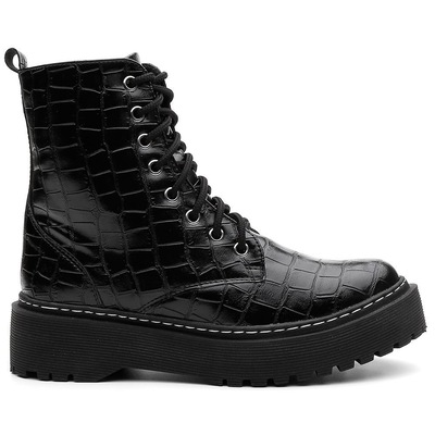 Bota Coturno Feminina Cano Médio Croco Cadarço Conforto Preto 33 - Foto 2
