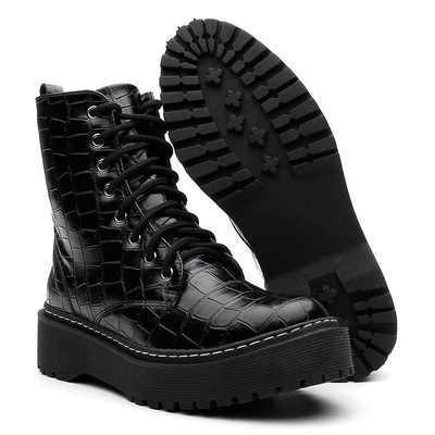 Bota Coturno Feminina Cano Médio Croco Cadarço Conforto Preto 33 - Foto 3
