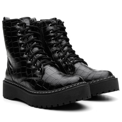 Bota Coturno Feminina Cano Médio Croco Cadarço Conforto Preto 33 - Foto 1