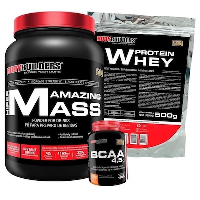 Kit Bodybuilders: Amazing Mass - Morango - 1,5kg + Whey Protein - Morango - 500g + BCAA - Tangerina - 100g - Foto 1