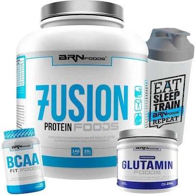 Kit BRN Foods: 2x 100% Isolada - Morango - 900g + BCAA Fit - Tangerina - 100g + Creatina 300g + Coqueteleira - Foto 1