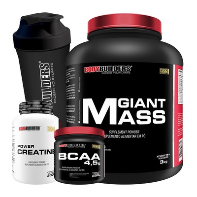 Kit Bodybuilders Hipercalórico Giant Mass Chocolate 3kg + Creatina 300g + BCAA 4.5 250g + Coqueteleira - Foto 1