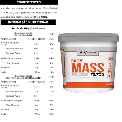 Kit Hipercalórico Big Size Mass BRN Foods - Morango - 6 Kg + BCAA Fit - 120 tab + Creatina - 100g + Coqueteleira - Foto 2