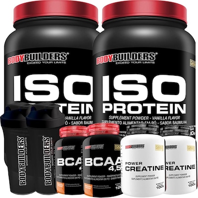 Kit 2x Iso Protein Bodybuilders - Chocolate e Morango - 900g + 2x Creatina - 100g + 2x BCAA - Tangerina - 100g + 2x Coqueteleira - Foto 1