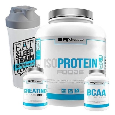 Kit Whey Protein Isolado BRN Foods Morango - 2kg + BCAA 100g + Creatina 100g + Coqueteleira - Foto 1