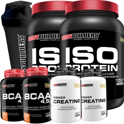 Kit 2x Whey Protein Isolado Bodybuilders  900g Morango e Chocolate - 900g + 2x BCAA 100g + 2x Creatina 100g + Coqueteleira - Foto 1