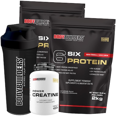 Kit Six Protein Bodybuilders - Chocolate - 2kg + Six Protein - Morango - 2kg + Creatina - 100g + Coqueteleira - Foto 1