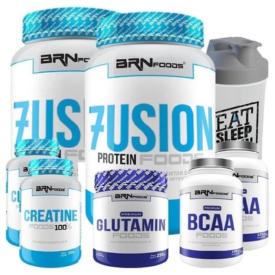 Kit Whey Protein BRN Foods - Morango - 900g - 2 Unidades + Creatina + Glutamina + BCAA + Coqueteleira - Foto 1