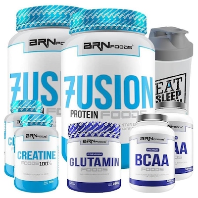 Kit Whey Protein BRN Foods - Baunilha - 900g - 2 Unidades + Creatina + Glutamina + BCAA + Coqueteleira - Foto 1