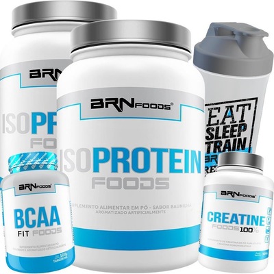 Kit  BRN Foods 2x Whey Protein Isolado 900g Chocolate + BCAA + Creatina + Coqueteleira - Foto 1