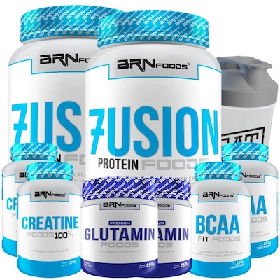 Kit BRN Foods 2x Whey Fusion 900g Morango e Baunilha + 2x BCAA + 2x Creatina + 2x Glutamina +Shaker - Foto 1