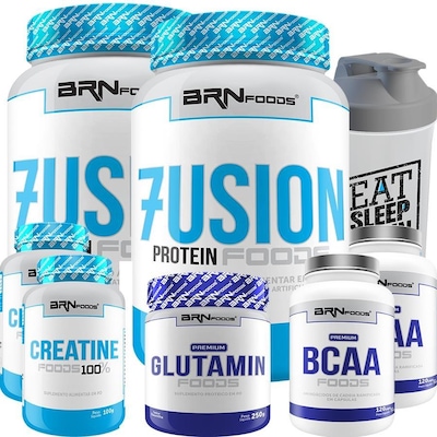 Kit 2x Whey Protein 900g Baunilha + 2x BCAA + 1x Glutamina + 2x Creatina + Coqueteleira - BRN Foods - Foto 1