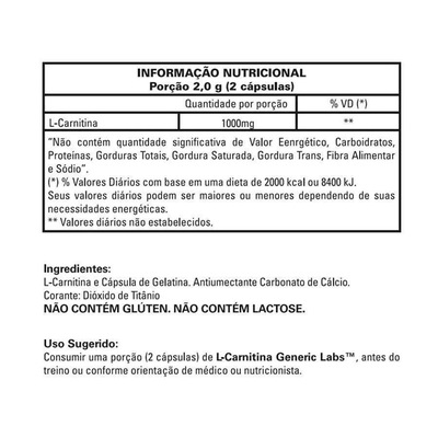 L-Carnitina Generic Labs - 60 Cápsulas - Foto 2