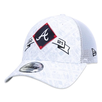 Boné Aba Curva New Era 9Forty Trucker Atlanta Braves Campeão Wolrd Series Champions 2021 Locker Room - Snapback - Adulto - Foto 1