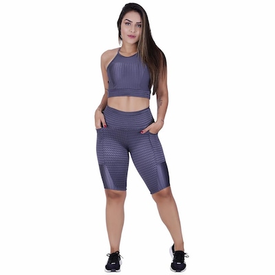 Bermuda Orbis Fitness Bolso Cós Alto Cirre Textura Brilho - Feminina - Foto 2