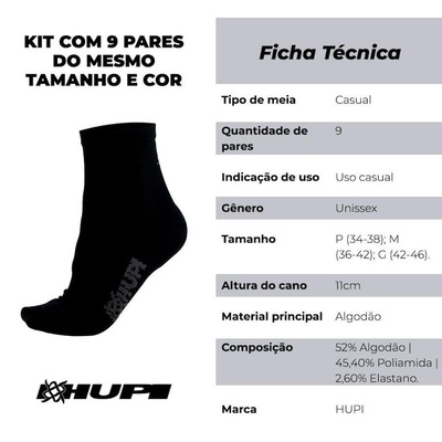 Kit Meia Cano Médio Hupi com 09 Pares - 42 ao 46 - Unissex - Foto 2