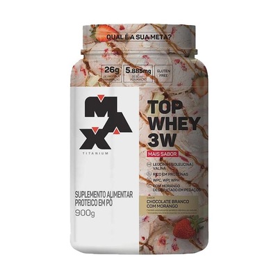 Top Whey 3W Max Titanium +Sabor - Choc Branco com Morango - 900g - Foto 1