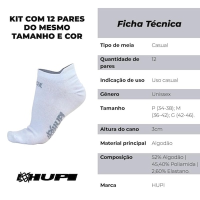 Meia Hupi Casual Invisível Algodão G - Kit 12 Pares - Foto 2